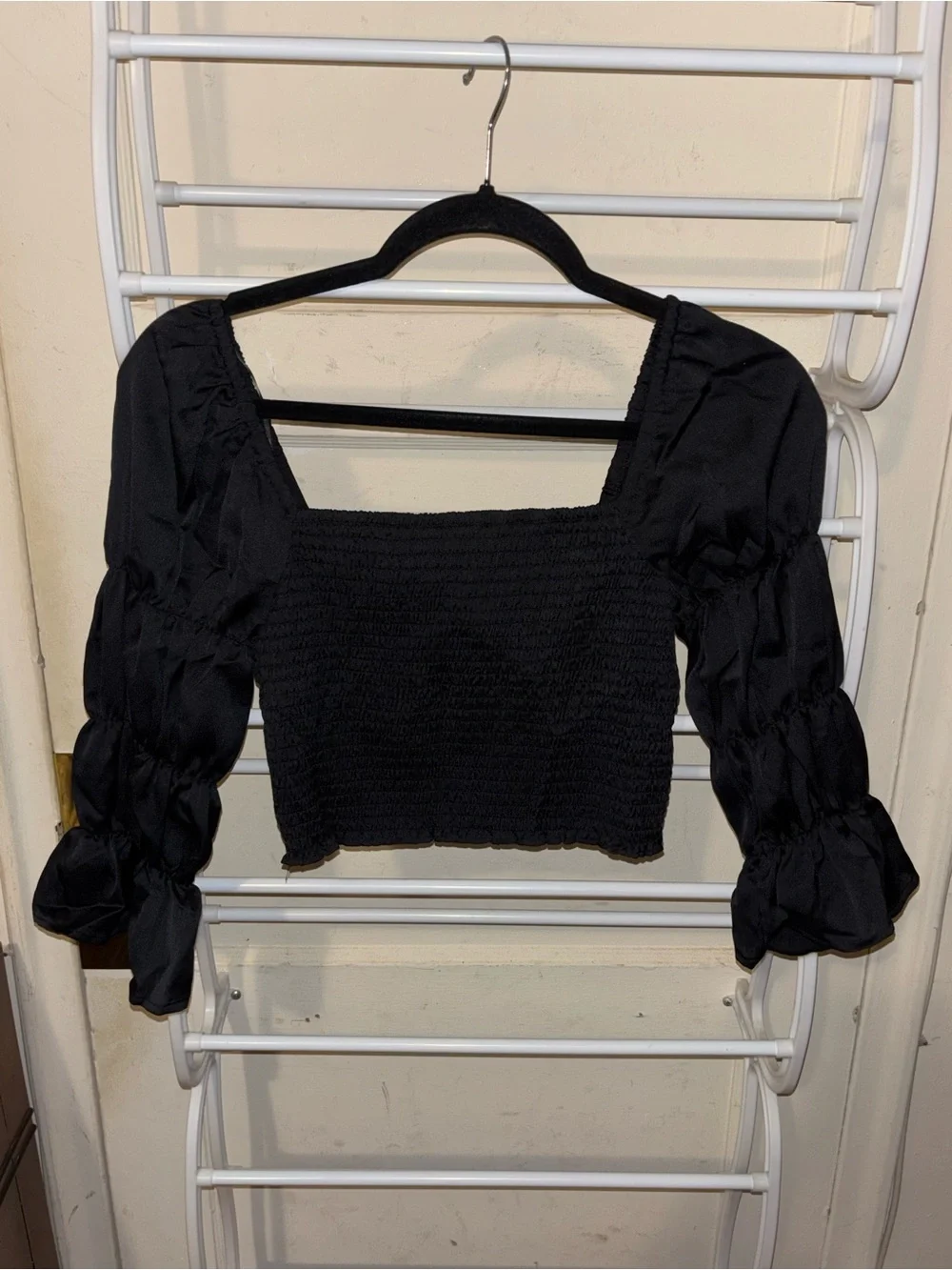 Free People Black Smocked Square-Neck Crop Top with Puff Sleeves Grunge Hippie